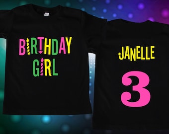 Camiseta de cumpleaños para niña con luz fluorescente, camiseta de fiesta con luz negra neón