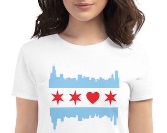 Chicago Flag Women's Short Sleeve T-shirt, Chicago Flag with Heart, Chicago Skyline, Chicago Shirt for Women, Chicago Gift, Chicago Souvenir