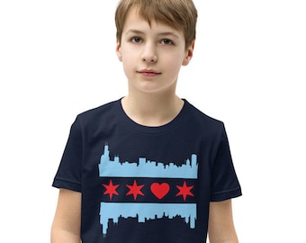 Chicago Flag Youth T-Shirt, Chicago Skyline and Heart, Chicago Flag Kids Shirt, Chicago Skyline Shirt, Chicago Flag with Heart