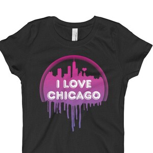 I Love Chicago T-Shirt: Girls&#39; Skyline Tee, Pink Purple Gradient