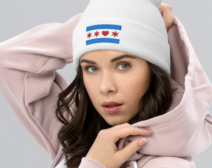 Chicago Flag Beanie Hat with Heart