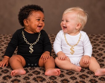 Hip Hop Baby Bodysuit with Gold Foil Chain and Dollar Sign