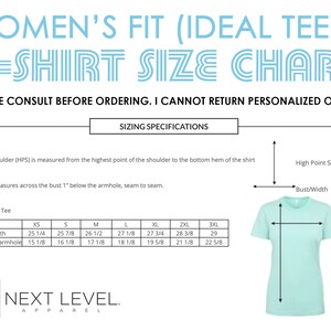 Puede incluir: Tabla de tallas de camisetas sobre fondo blanco. La tabla incluye medidas de ancho de pecho y largo de hombro. El texto incluye "Women's Fit" y "Next Level Apparel".