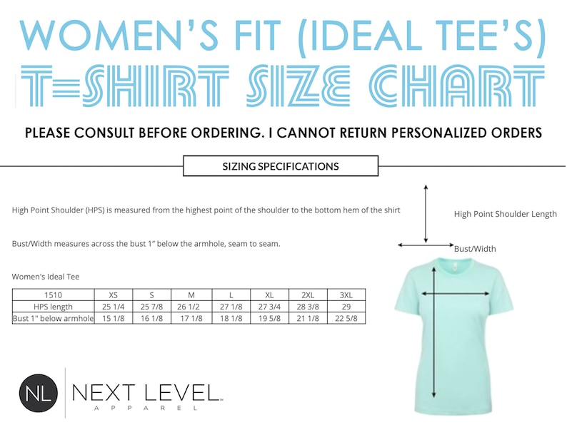 Puede incluir: Tabla de tallas de camisetas sobre fondo blanco. La tabla incluye medidas de ancho de pecho y largo de hombro. El texto incluye "Women's Fit" y "Next Level Apparel".