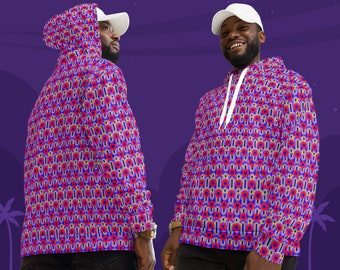 May include: A purple hoodie with a red, yellow, and blue geometric pattern. The hoodie has a drawstring hood and a kangaroo pocket.