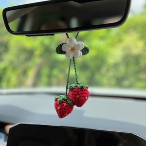 Crochet Strawberry Car Charm, Car Accessories, Bag Accessories, Cottage Core