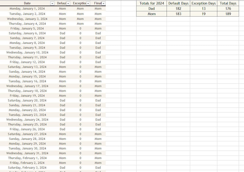 Automatic Custody Schedule Template for Month and Year Printable One ...