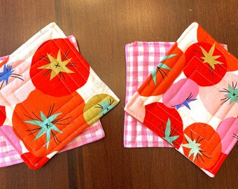 Cotton quilted Tomato print and hot pink gingham reversible coasters. Set of 4.