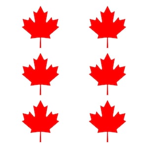 May include: Six red maple leaf illustrations on a white background. Each leaf has a distinct shape with five points and a stem. The leaves are evenly spaced, creating a symmetrical pattern.