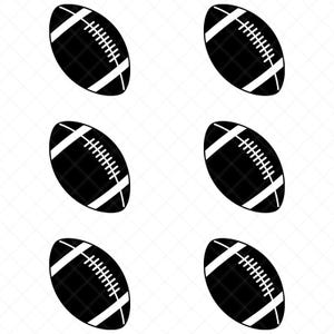 May include: Six black and white footballs arranged in a grid pattern. Each football has white stripes and white stitching details. The background is a subtle, light-colored diamond pattern.