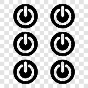 May include: Six black and white power button icons on a transparent background. Each icon is a circle with a white power button symbol inside.