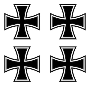 May include: Four black iron crosses with white outlines. The crosses are arranged in a square pattern.