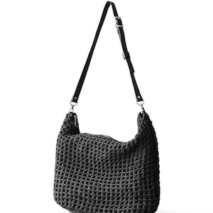 Handmade Black Macrame Hobo Purse with Genuine Leather Strap - Crochet Boho Woven Shoulder Crossbody