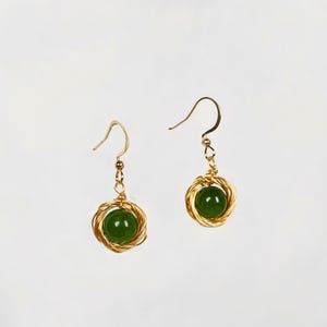 Green Jade Earrings: Gold Wire Wrapped Sterling Silver Dangle, Good Luck Gemstone