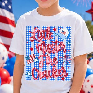 Retro Striped Blue Gingham Little Mister Firecracker Png, Boys 4th Of July Png, Ball Cap, American Boy, Patriotic Png, Red White Blue