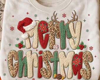 Leopard Merry Christmas Latch Hook Yarn Crochet Png,  Faux Yarn Png, Tis The Season Png, Santa Png, Realistic Yarn Holiday Sublimation