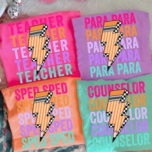 Retro School Occupation PNG Bundle, Back to School Teacher Sped Para Counselor, Preppy Checkered Girly Png, Lightning Bolt Pencil
