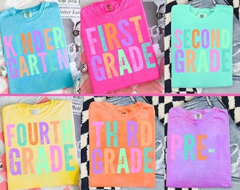 Neon Distressed Erste / Zweite / Dritte Klasse Bundle Png, Preppy Zurück in der Schule Png, Pre-k Bunter Schullehrer Png, 1. Schultag Png