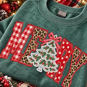 PNG con bordado falso de Feliz Navidad, diseño de leopardo navideño en patchwork, encaje de árbol de Navidad a cuadros, sublimación, lunares para camisa navideña