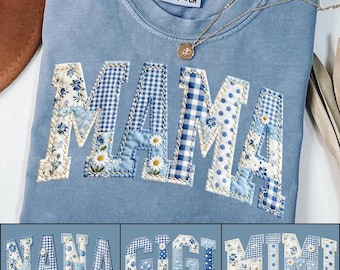 Mama Blue Toile Patchwork Floral Easter Png Bundle, Mimi Gigi Nana Chinoiserie Shabby Chic Png, Cottagecore Varsity, Blue White Quilt Png