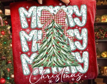 Feliz Navidad con flores PNG, lazo navideño preppy PNG, cuadros rojos PNG, árbol de Navidad, purpurina sintética, lazo coqueto PNG