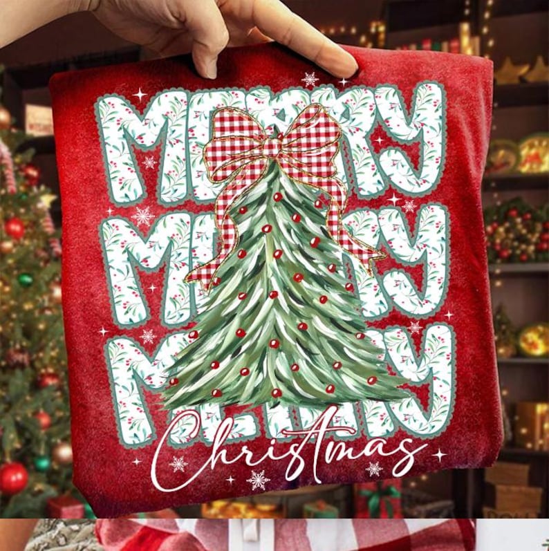 Coquette blommig god jul png, preppy julrosett png, rutig röd pläd png, julgran, konstglitter, Coquette rosett png bild 1
