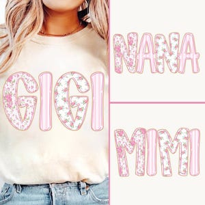 Paquete floral Mimi Nana Gigi, floral rosa, rayas, flor Mimi PNG, Mimi preppy PNG, flor Mimi retro PNG, Día de la Madre PNG, letras a mano
