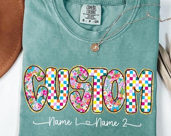 Preppy Custom Floral Glitter Png, Retro Boho Floral Mama with kids names Png, Everyday Png, Custom Preppy Mama Design, Checkered Sublimation