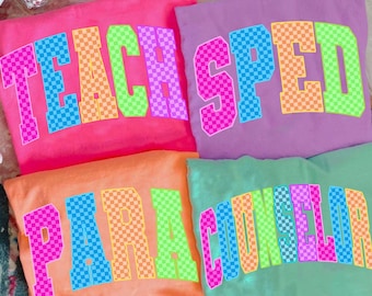 Geruit neon schoolberoep png-bundel, terug naar school leraar sped para counselor, preppy eerste schooldag girly png, kleurrijk