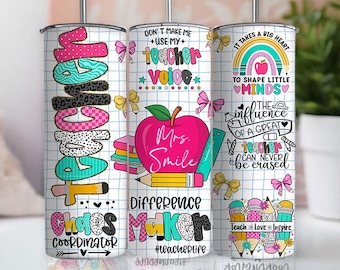 Personalized Teacher Tumbler Coquette Pencil Bow Design, 20oz Skinny Tumbler Teacher Png, Teacher Wrap, Teacher Life Png, Leopard, Checkered