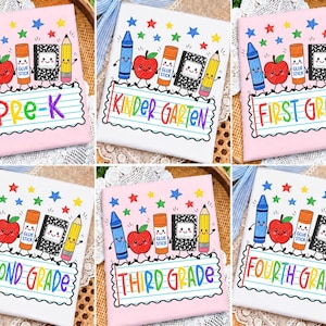 May include: A collection of six rectangular signs featuring school supplies with faces, including a blue crayon, red apple, glue stick, black composition notebook, and yellow pencil. Each sign displays a grade level in colorful text: PRE-K, KINDERGARTEN, FIRST GRADE, SECOND GRADE, THIRD GRADE, and FOURTH GRADE.