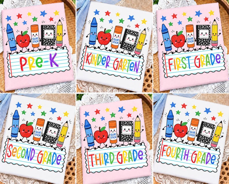 May include: A collection of six rectangular signs featuring school supplies with faces, including a blue crayon, red apple, glue stick, black composition notebook, and yellow pencil. Each sign displays a grade level in colorful text: PRE-K, KINDERGARTEN, FIRST GRADE, SECOND GRADE, THIRD GRADE, and FOURTH GRADE.