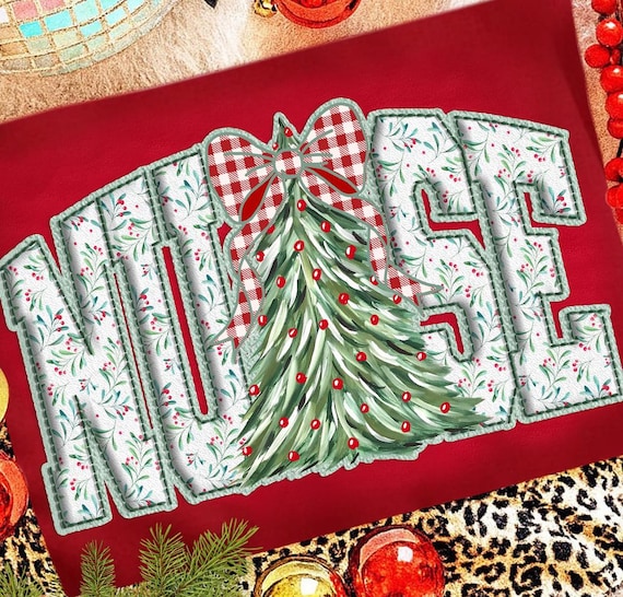 Retro Floral Christmas Nurse Coquette Png, Christmas Tree Bow Png, Checkered Red Plaid Bow Png, Merry Christmas Floral Sublimation