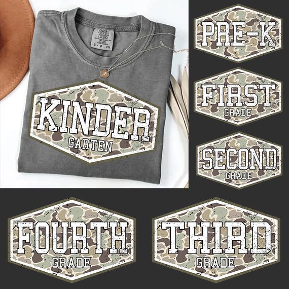 Retro Camo Back To School Png Bundle, Camo First Day Of School Png, Pre-k First Second Grade Png, Old School Camo Png, School Boy Png