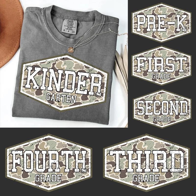 Retro Camo Back To School Png Bundle, Camo First Day Of School Png, Pre-k First Second Grade Png, Old School Camo Png, School Boy Png