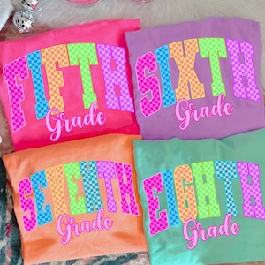 Checkered Neon Back to School PNG Bundle, Coquette Kindergarten 5th 6th 7th 8th Grade Png, Hand Drawn, Girly Pink Bow Png, Colorful