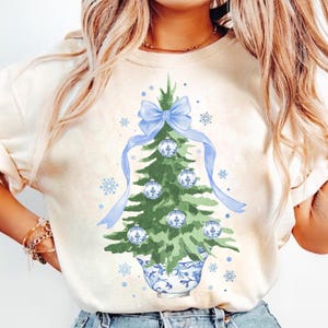 Chinoiserie Christmas Tree with Blue Bow PNG, Blue Christmas PNG, Digital Download, Chinoiserie Christmas Png, Grandmillenial Christmas