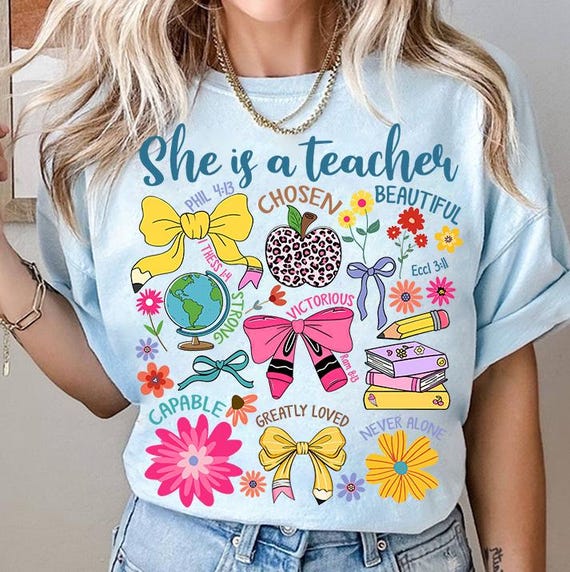 She is Teacher Png, Teach Love Inspire Png, Christian Teacher Png, Bible Verses Png, Teacher Floral Mothers Day Gift, Teacher Pencil Bow Png