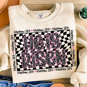 Checkered He is Risen png, Retro Christian png, Matthew 28:6, Easter Christian Leopard Glitter png, Easter bible verse png,  Regilious png