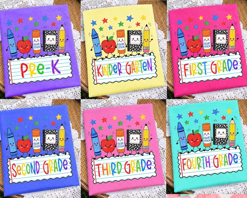 May include: Six rectangular fabric panels in purple, yellow, pink, blue, magenta, and teal. Each features a cartoon school supply graphic and text reading PRE-K, KINDERGARTEN, FIRST GRADE, SECOND GRADE, THIRD GRADE, or FOURTH GRADE in rainbow colors.