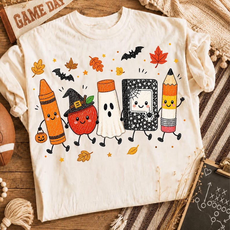 May include: A cream-colored t-shirt featuring a colorful graphic of anthropomorphic school supplies and autumn elements. The design includes a crayon, an apple wearing a witch hat, a ghost, a notebook with a spider, and a pencil, surrounded by bats and leaves.