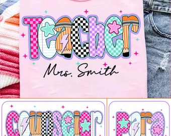Retro School Occupation PNG Bundle, Back to School Teacher Para Counselor Png, Preppy First Day of School Checkered Girly Png, Hand Drawn