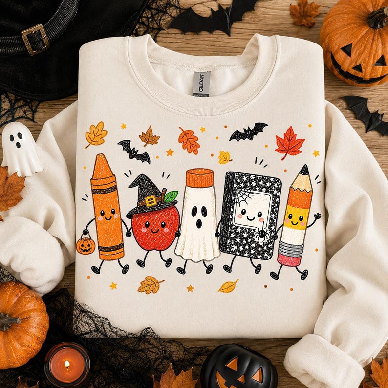 May include: A cream-colored crewneck sweatshirt featuring a graphic print of five anthropomorphic school supplies: an orange crayon, a red apple wearing a witch hat, a white ghost, a black composition notebook, and a yellow pencil, surrounded by autumn leaves and bats.