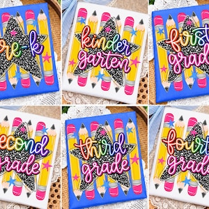 May include: A collection of six square signs featuring yellow pencils and a black and white speckled star. Each sign displays a grade level in colorful script text including pre-k, kindergarten, first grade, second grade, third grade, and fourth grade.