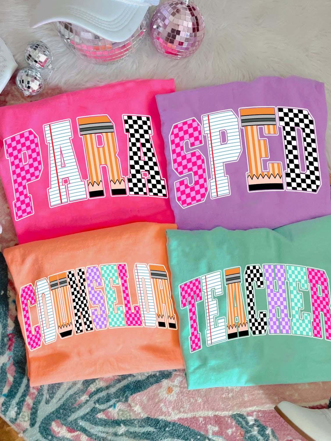 Retro School Occupation PNG Bundle, Back to School Teacher Sped Para Counselor, Preppy First Day of School Checkered Girly Png, Drawn