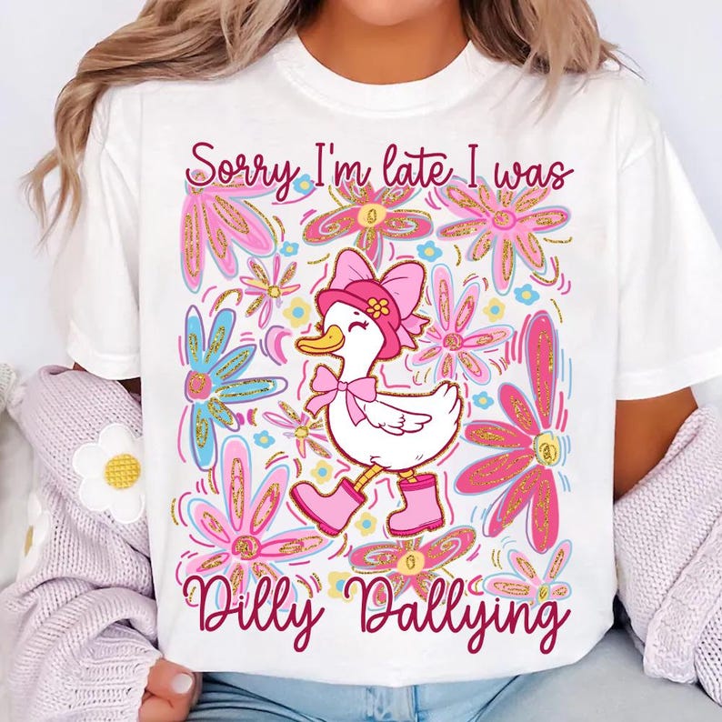 Rosa boho blommig gås png, mamma gås png, vårblommigt glitter png, ledsen att jag är sen, jag var Dilly Dallying Girly PNG, rosettanka, gåsälskare bild 4