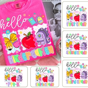Preppy Back to School PNG Bundle, Hello Kindergarten Pre-K 1st 2d 3d 4th 5th Grades Png, Coquette First day Grade Png, Teacher Girl