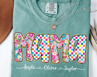 Preppy Mama Floral Glitter Png, Retro Boho Floral Mama with kids names Png, Everyday Png, Custom Preppy Mama Design, Checkered Sublimation