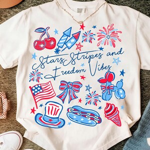 Stars Stripes and Freedom Vibes Png, 4th Of July Png, Girly American Png, USA png, America Coquette Png, Cute Doodles Patriotic Png