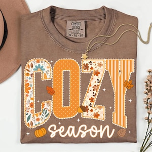May include: A brown t-shirt featuring the text COZY season in large, decorative letters. The letters are filled with floral patterns, orange polka dots, and vertical stripes. The design includes small illustrations of pumpkins, leaves, and an acorn.